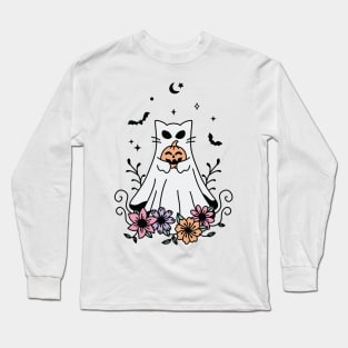 Halloween Floral Ghost Cat Long Sleeve T-Shirt